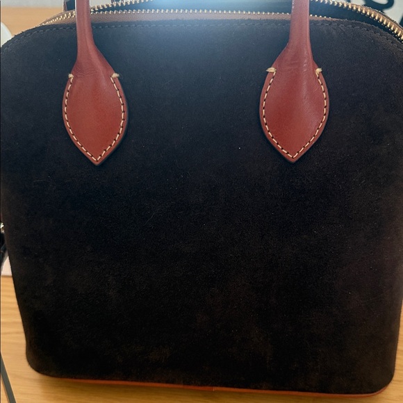 Dooney & Bourke Chocolate Suede Satchel with Cognac Leather Trim - Picture 3 of 6